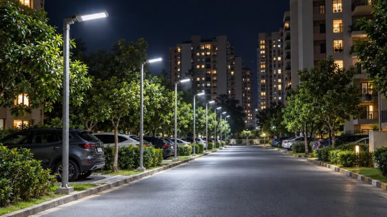 Housing society road lit by LED street lights at night